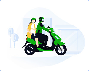 Fototapeta na wymiar Online Motorcycle taxi driver wearing green jacket and helmet with her costumer riding together with safety ride toolkits and masker with city building silhouette background.