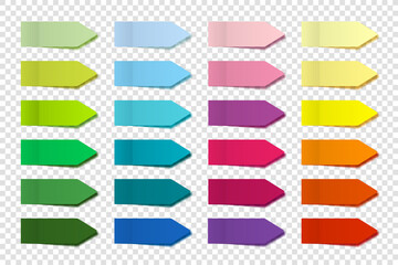 Realistic sticky notes collection. Arrow flag tabs. Post note stickers. Colorful sticky paper sheets. Vector illustration.