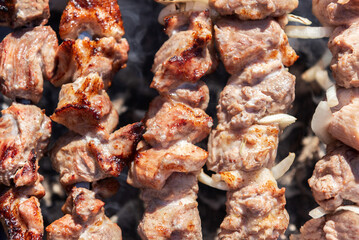 Pork skewers on skewers cooked on the grill