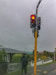 Man walking under traffic light in the rain