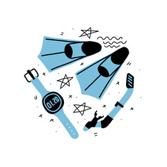 Set of training fins, snorkel, fitness watch