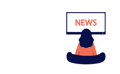 People stay at home, watch TV. Young woman, girl watching news. Back view. Mass media, information concept. White empty place for text. Vector composition. Modern isolated illustration in flat style
