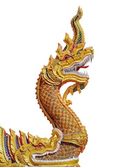 Fototapeta na wymiar view of golden Naga sculpture (Phraya Nak or Dragon in Chinese) isolated on white background.
