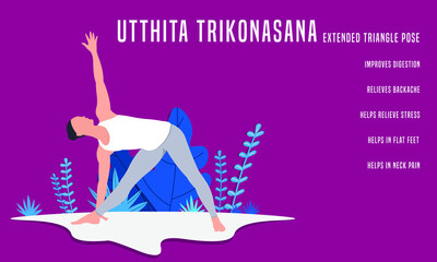 Utthita Trikonasana or Extended Triangle Pose. Yoga Fitness Concept. Illustration Of Woman doing yoga. 