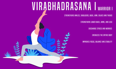 Virabhadrasana 1 or Warrior 1 Pose. Yoga Fitness Concept. Illustration Of Woman doing yoga. 