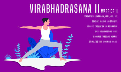 Fototapeta na wymiar Virabhadrasana 2 or Warrior 2 Pose. Yoga Fitness Concept. Illustration Of Woman doing yoga. 