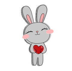cute grey rabbit holds a heart declaration of love isolated