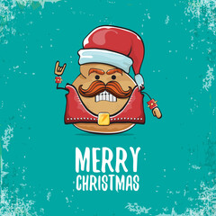 vector rock star santa potato funny cartoon cute character with with red santa hat and calligraphic merry christmas text isolated on azure background. rock n roll christmas party poster