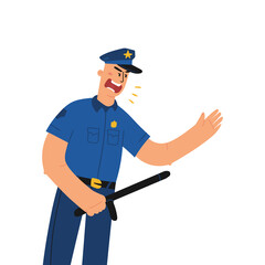Police officer in uniform using stick flat design vector illustration. American policeman hits with a baton