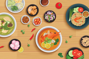 Thai food and ingredient on a wooden background.