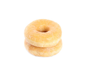 Sweet delicious glazed donuts on white background