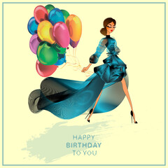 vector illustration, happy birthday girl with balloons
