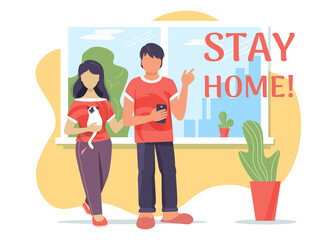 A man and a girl in home clothes on the background of the window. The girl has a cat in her arms. The man points to the call " Stay at home!". Vector image isolated on a white background.	