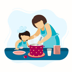 Mother and daughter in the kitchen preparing porridge. Mom teaches her daughter to cook. Vector image isolated on a white background.