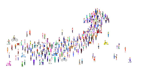 A large group of people in the shape of a growing arrow. Success business concept. Isolated, white background. Vector illustration.