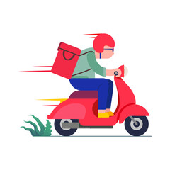 Online delivery service concept, Delivery man riding a red scooter illustration. Food delivery man vector