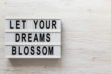 'Let your dreams blossom' on a lightbox on a white wooden surface, top view. Flat lay, overhead, from above. Copy space.