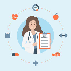 Female nutritionist doctor or dietitian with stethoscope holding clipboard, surrounding with health icons. Diet consultation, healthcare and nutrition plan concept. Flat vector illustration.