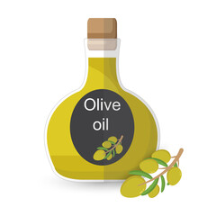 Olive oil in glass bottle. Olives with leaves branch.Vector illustration.