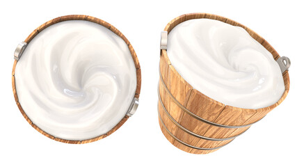 Wooden bucket with milk isolated on white background. 3D illustration