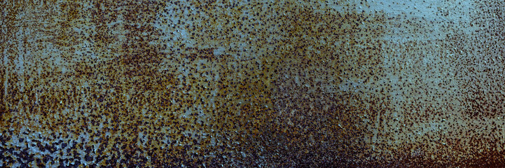 Abstract rusty metal background of painted metal texture with traces of corrosion. Panorama. Close up.
