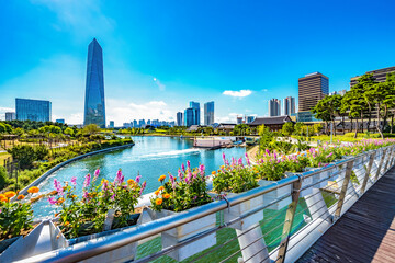 Beautiful Central Park View and Cityscape of Songdo International Business District, Incheon Metropolitan City, South Korea.