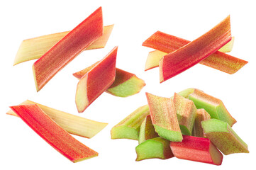 Rhubarb stalks, sliced, cut, in pile, isolated w paths (Rheum rhabarbarum petioles)