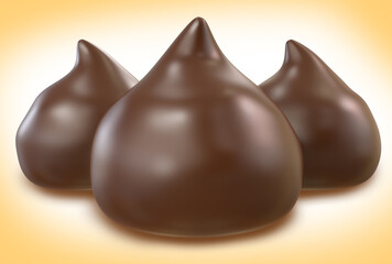 Chocolate drops praline . Isolated on white background. Clipping hath. 3d illustration