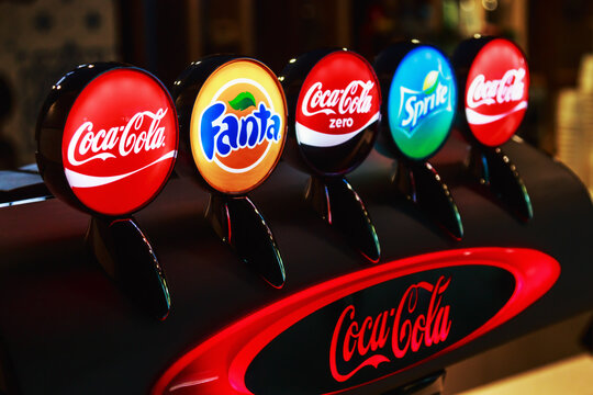 Moscow, Russia-August 09, 2018: popular brands of sweet carbonated drinks: Coca-Cola, Fanta, sprite Coca-Cola light