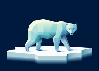 Low poly polar bear on an ice floe against a dark blue background, eps10 vector