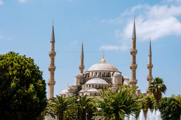 Fototapeta na wymiar Blue Mosque or Sultanahmet Camii in Istanbul, Turkey. Scenic view of the beautiful Blue Mosque in summer.