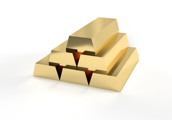 Gold bars 3D rendering with shadow on white background.