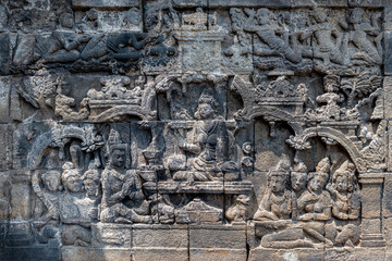 The stories from Mahayana Buddhist Sutras carved on the relief panels of Borobudur Temple (750AD)