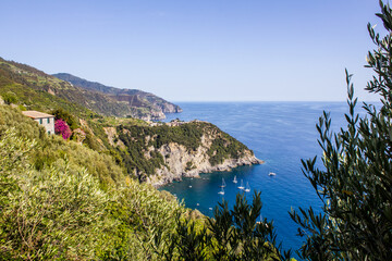View of Corniglia and Boats at the Mediterranean Sea, Cinque Terre