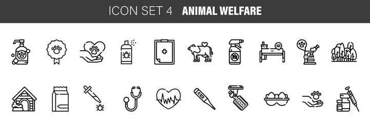 Pet, Animal Welfare outline icons set - Black symbol on white background. Pet, Animal Welfare Simple Illustration Symbol - lined simplicity Sign. Flat