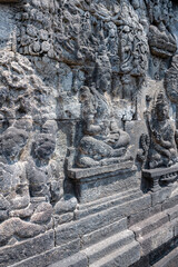 The stories from Mahayana Buddhist Sutras carved on the relief panels of Borobudur Temple (750AD)