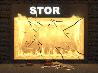 Burning Store. Ruined Shop with Broken Front Window and Fire Flame at Night by Vandals