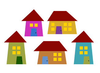 Set of colorful cottage houses. Touristic and real estate creative emblem, cottages front view.
