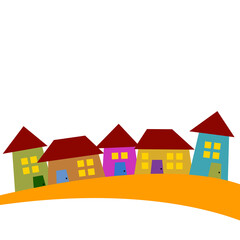 Houses or real estate on a a hill design has space for text on background. Touristic and real estate creative emblem, cottages front view.