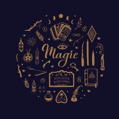 Witchcraft, magic background for witches and wizards. Wicca and pagan tradition. Vector vintage collection. Hand drawn elements: candles, book of shadows, potion, tarot cards etc.