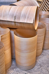 Oak veneer roll. Wood texture. Furniture manufacture. Close-up