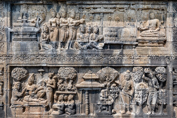 The stories from Mahayana Buddhist Sutras carved on the relief panels of Borobudur Temple (750AD)