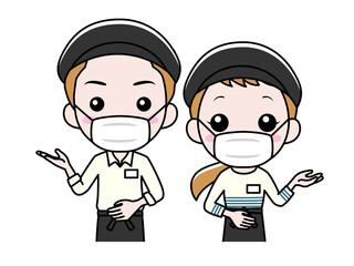 マスクをして案内するカフェ店員