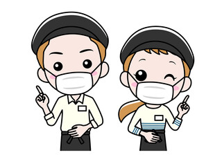 マスクをして案内するカフェ店員