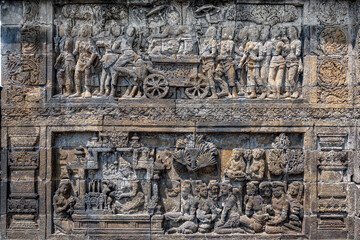 The stories from Mahayana Buddhist Sutras carved on the relief panels of Borobudur Temple (750AD)