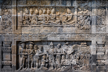 The stories from Mahayana Buddhist Sutras carved on the relief panels of Borobudur Temple (750AD)
