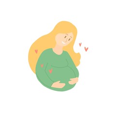 Pregnant woman with long hair hugs herself by the belly. Motherhood. Waiting for a baby