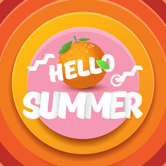 Vector Hello Summer label or flyer Design template with fresh orange fruit isolated on abstract background. Hello summer concept label or poster with fruit and letternig text