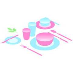 Breakfast table, isometry view. Serving of table with plates, cutlery, cup and glasses. Vector illustration