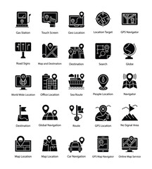 Maps and Navigations Glyph Vector Icons Set